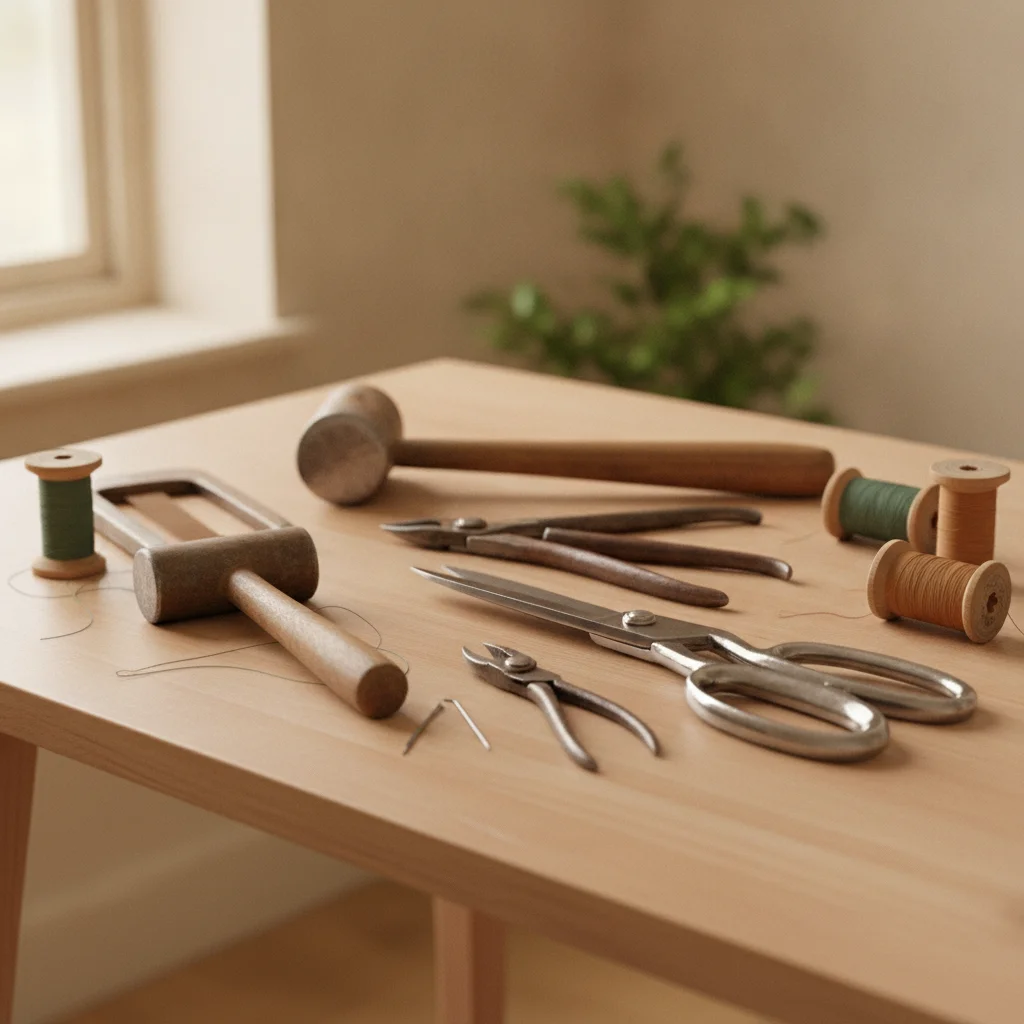 Instruments de tapissier et échantillons de tissu réunis pour une rénovation de fauteuil