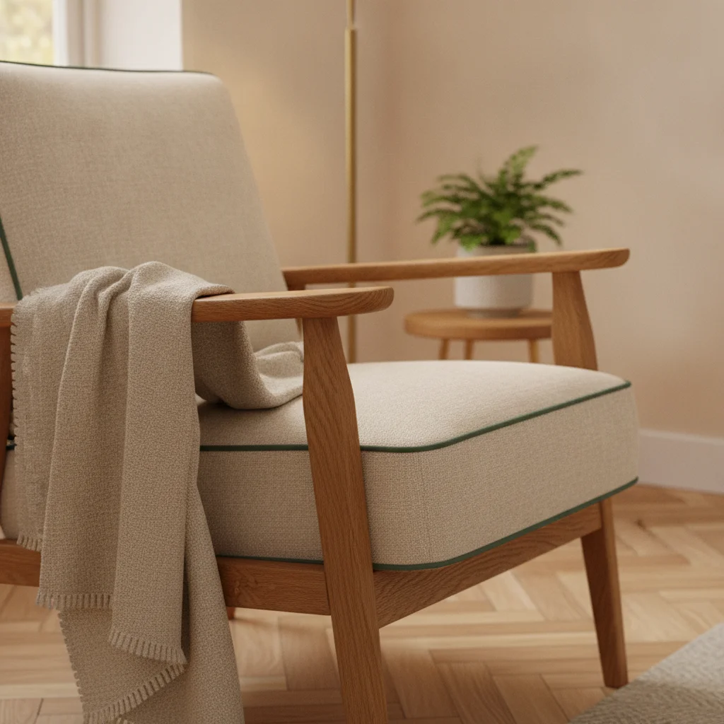 Rouleau de tissu d'ameublement posé près d'accessoires de nettoyage sur une table en bois clair