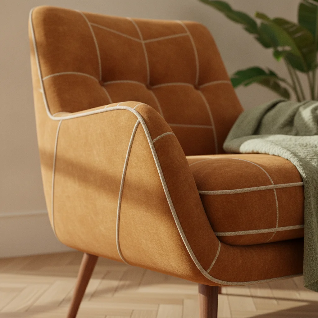 Silhouette arrondie d'une assise vintage se détachant dans une lumière douce de fin de journée