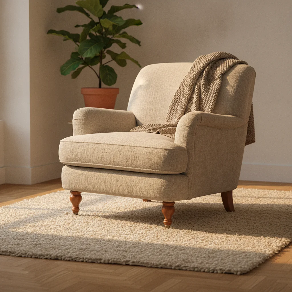 Coin de pièce baigné de lumière douce avec assise généreuse et plaid replié